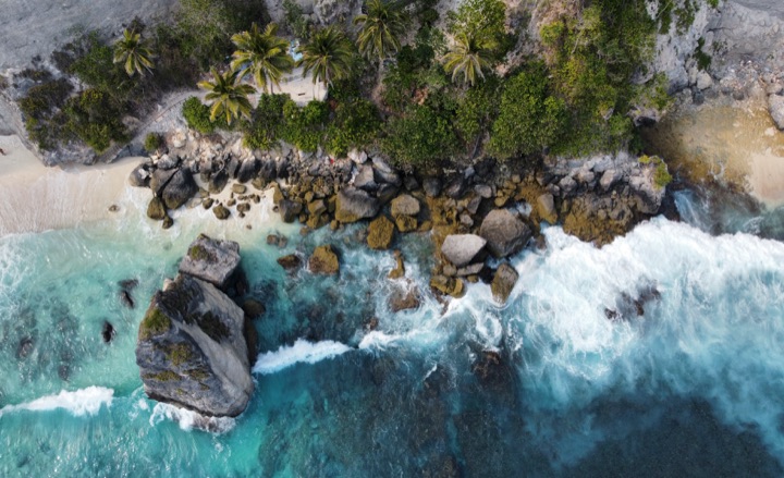 Aerial view of waves breaking around boulders at the edge of a palm-lined cove
