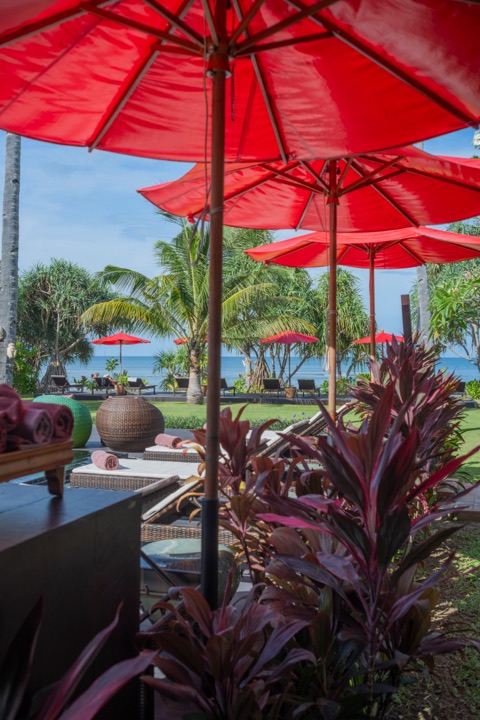 Red sun umbrellas over a poolside terrace with tropical plants and the sea beyond