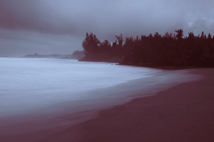 Pink-toned long exposure of a calm beach with trees on a headland