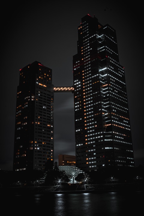 Two illuminated towers rising into the night sky
