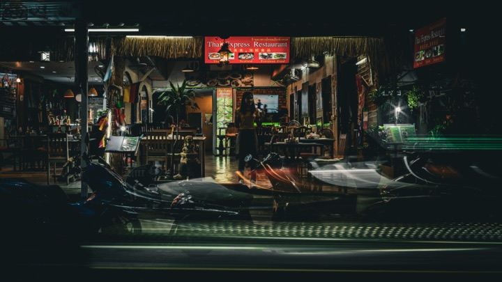 Beach bar at night captured in a long exposure